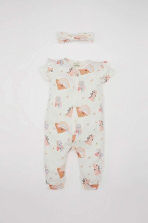 DeFacto Kız Bebek Yenidoğan 2'li Takım Dinazor Baskılı Kısa Kollu Waffle Tulum Bandana C9484A524SMER105