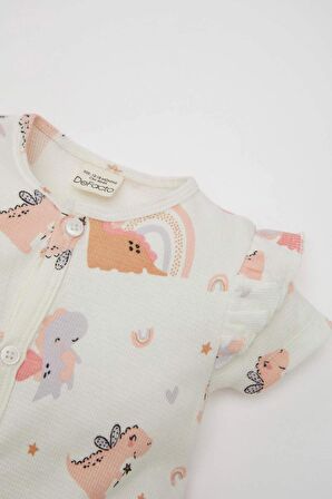 DeFacto Kız Bebek Yenidoğan 2'li Takım Dinazor Baskılı Kısa Kollu Waffle Tulum Bandana C9484A524SMER105