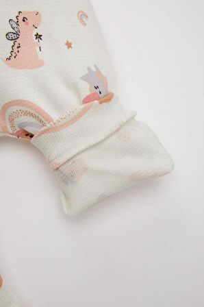 DeFacto Kız Bebek Yenidoğan 2'li Takım Dinazor Baskılı Kısa Kollu Waffle Tulum Bandana C9484A524SMER105