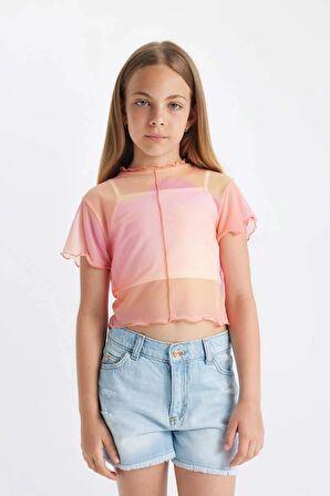 DeFacto Kız Çocuk 2'li Takım Crop Bisiklet Yaka Degrade Baskılı Tül Kısa Kollu Tişört Atlet C8717A824SMPN179