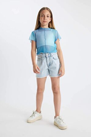 DeFacto Kız Çocuk 2'li Takım Crop Bisiklet Yaka Degrade Baskılı Tül Kısa Kollu Tişört Atlet C8717A824SMTR177