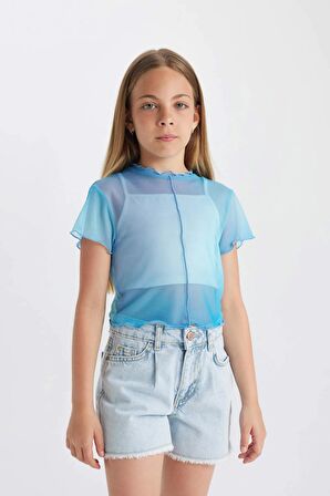 DeFacto Kız Çocuk 2'li Takım Crop Bisiklet Yaka Degrade Baskılı Tül Kısa Kollu Tişört Atlet C8717A824SMTR177