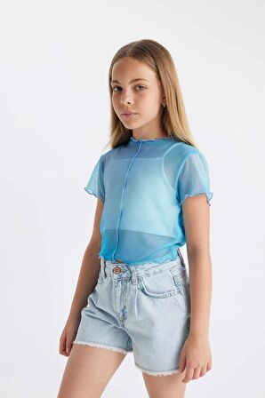 DeFacto Kız Çocuk 2'li Takım Crop Bisiklet Yaka Degrade Baskılı Tül Kısa Kollu Tişört Atlet C8717A824SMTR177