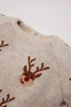 DeFacto Erkek Bebek 2'li Takım Yeni Yıl Baskılı Bisiklet Yaka Uzun Kollu Triko Kazak Beli Lastikli Alt C9600A524AUBG106