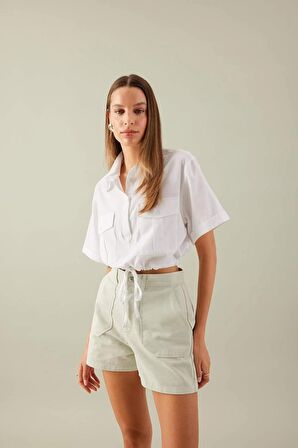 DeFacto Cropped Fit Gömlek Yaka Keten Karışımlı Kısa Kollu Bluz C6812AX24SMWT34
