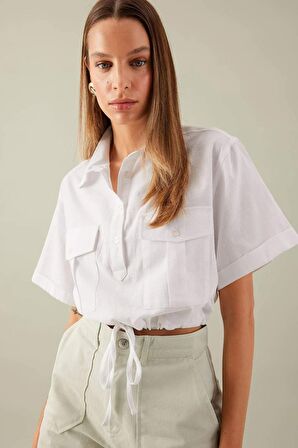 DeFacto Cropped Fit Gömlek Yaka Keten Karışımlı Kısa Kollu Bluz C6812AX24SMWT34