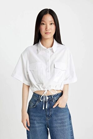 DeFacto Cropped Fit Gömlek Yaka Keten Karışımlı Kısa Kollu Bluz C6812AX24SMWT34