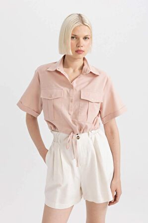 DeFacto Cropped Fit Gömlek Yaka Keten Karışımlı Kısa Kollu Bluz C6812AX24SMBR134
