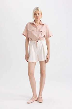 DeFacto Cropped Fit Gömlek Yaka Keten Karışımlı Kısa Kollu Bluz C6812AX24SMBR134