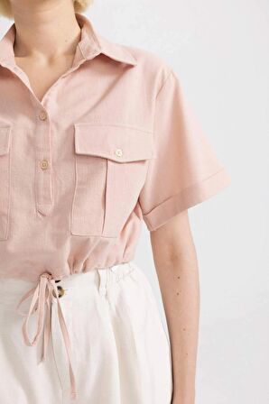 DeFacto Cropped Fit Gömlek Yaka Keten Karışımlı Kısa Kollu Bluz C6812AX24SMBR134