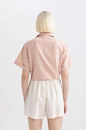 DeFacto Cropped Fit Gömlek Yaka Keten Karışımlı Kısa Kollu Bluz C6812AX24SMBR134