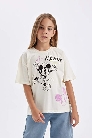 DeFacto Kız Çocuk Disney Mickey & Minnie Oversize Geniş Kalıp Bisiklet Yaka Kısa Kollu Tişört C7354A824AUER99