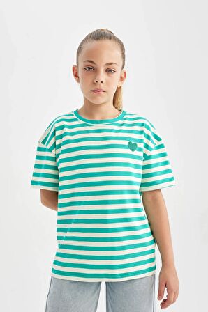 DeFacto Kız Çocuk Oversize Geniş Kalıp Bisiklet Yaka Çizgili Kısa Kollu Tişört C4509A824SMGN329