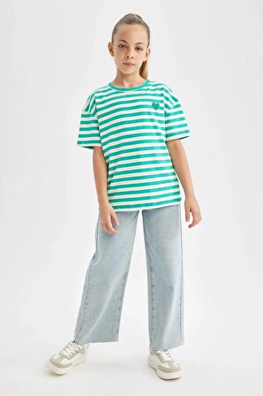 DeFacto Kız Çocuk Oversize Geniş Kalıp Bisiklet Yaka Çizgili Kısa Kollu Tişört C4509A824SMGN329