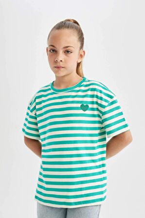 DeFacto Kız Çocuk Oversize Geniş Kalıp Bisiklet Yaka Çizgili Kısa Kollu Tişört C4509A824SMGN329