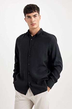 DeFacto Relax Fit Polo Yaka Poplin Modal Basic Düz Uzun Kollu Siyah Gömlek C4131AX24SMBK27