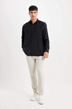 DeFacto Relax Fit Polo Yaka Poplin Modal Basic Düz Uzun Kollu Siyah Gömlek C4131AX24SMBK27