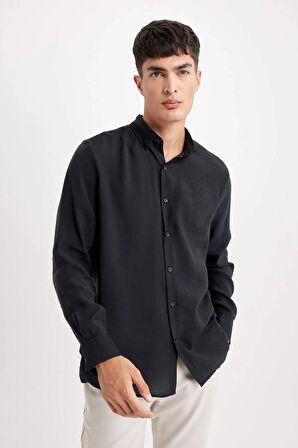 DeFacto Relax Fit Polo Yaka Poplin Modal Basic Düz Uzun Kollu Siyah Gömlek C4131AX24SMBK27