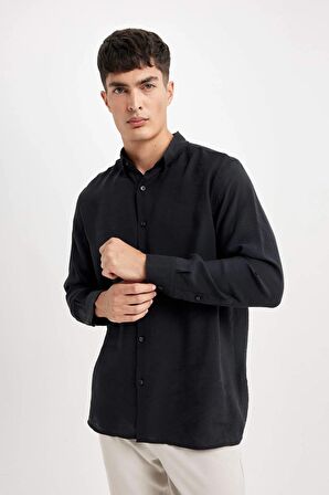 DeFacto Relax Fit Polo Yaka Poplin Modal Basic Düz Uzun Kollu Siyah Gömlek C4131AX24SMBK27