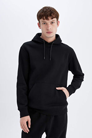 DeFacto Regular Fit Kapüşonlu Kanguru Cepli İçi Yumuşak Tüylü Basic Düz Sweatshirt X8283AZ24AUBK81