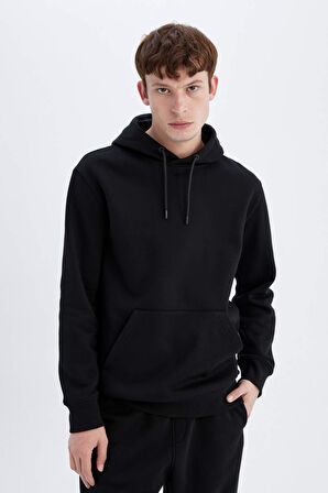 DeFacto Regular Fit Kapüşonlu Kanguru Cepli İçi Yumuşak Tüylü Basic Düz Sweatshirt X8283AZ24AUBK81