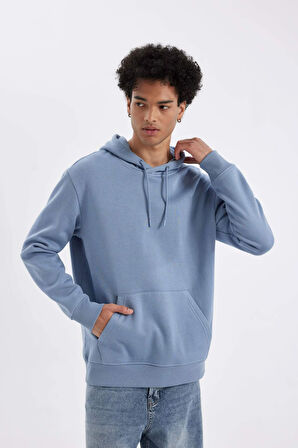 DeFacto Regular Fit Kapüşonlu Kanguru Cepli İçi Yumuşak Tüylü Basic Düz Sweatshirt X8283AZ24AUBE607