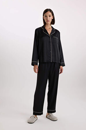 DeFacto Pijama Takımı Saten Uzun Kollu Pijama Üstü Uzun Esnek Belil Pijama Altı-Fall in Love C9444AX25SPBK27