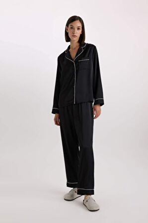 DeFacto Pijama Takımı Saten Uzun Kollu Pijama Üstü Uzun Esnek Belil Pijama Altı-Fall in Love C9444AX25SPBK27