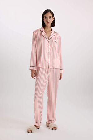 DeFacto Fall in Love Pijama Takımı Uzun Kollu Çizgili Saten Üst Esnek Belli Uzun Alt C9445AX25SPBR86