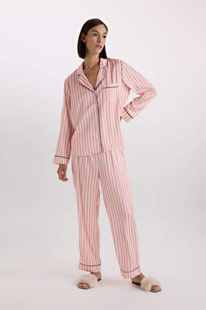 DeFacto Fall in Love Pijama Takımı Uzun Kollu Çizgili Saten Üst Esnek Belli Uzun Alt C9445AX25SPBR86