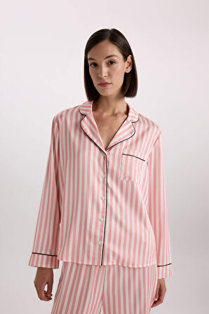 DeFacto Fall in Love Pijama Takımı Uzun Kollu Çizgili Saten Üst Esnek Belli Uzun Alt C9445AX25SPBR86
