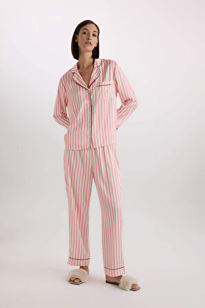 DeFacto Pijama Takımı Uzun Kollu Çizgili Saten Üst Esnek Belli Uzun Altı-Fall in Love C9445AX25SPBR86