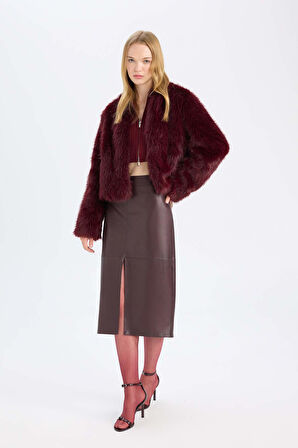 Afra x DeFacto Yüksek Bel Penye Astarlı Yırtmaçlı Midi Suni Deri Bordo Kalem  Etek