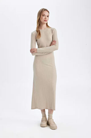 DeFacto Bodycon Vücudu Saran Bisiklet Yaka Basic Düz Kaşkorse Uzun Kollu Maxi Elbise D3373AX24WNBG123