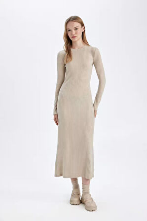 DeFacto Bodycon Vücudu Saran Bisiklet Yaka Basic Düz Kaşkorse Uzun Kollu Maxi Elbise D3373AX24WNBG123
