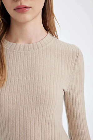 DeFacto Bodycon Vücudu Saran Bisiklet Yaka Basic Düz Kaşkorse Uzun Kollu Maxi Elbise D3373AX24WNBG123
