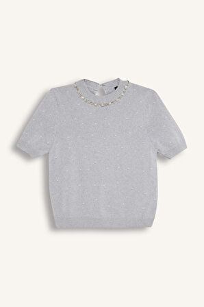 DeFacto Regular Fit Taşlı Bisiklet Yaka Basic Düz Triko Kazak D8520AX24WNGR77