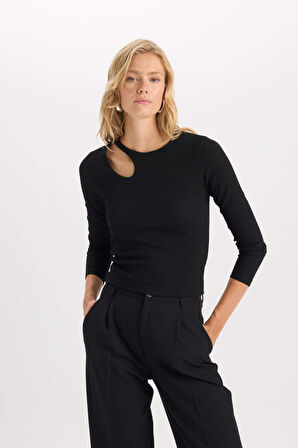 DeFacto Slim Fit Dar Kesim Bisiklet Yaka Basic Düz Simli Kumaş Uzun Kollu Tişört D5114AX24AUBK81