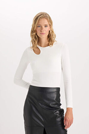 DeFacto Slim Fit Dar Kesim Bisiklet Yaka Simli Kumaş Uzun Kollu Tişört D5114AX24AUER105