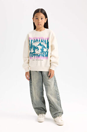 DeFacto Kız Çocuk Relax Fit Bisiklet Yaka Baskılı Sweatshirt D7055A824WNER99