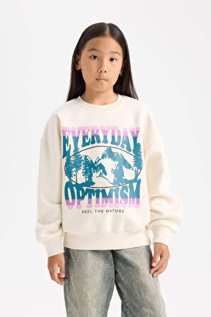DeFacto Kız Çocuk Relax Fit Bisiklet Yaka Baskılı Sweatshirt D7055A824WNER99