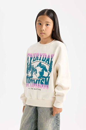 DeFacto Kız Çocuk Relax Fit Bisiklet Yaka Baskılı Sweatshirt D7055A824WNER99