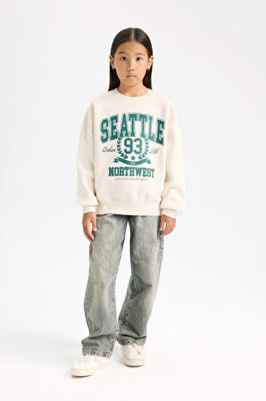 DeFacto Kız Çocuk Relax Fit Bisiklet Yaka Baskılı Sweatshirt D7057A824WNER99