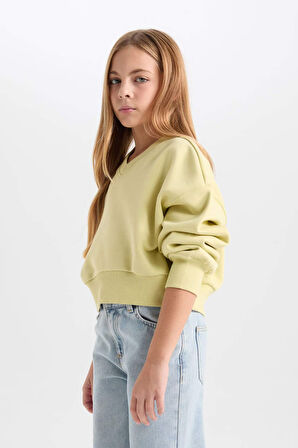 DeFacto Kız Çocuk Crop V Yaka Basic Düz Sweatshirt D7047A824WNGN659