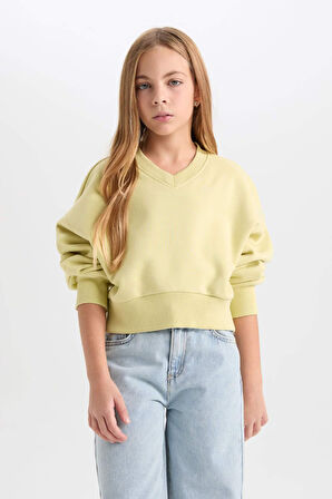 DeFacto Kız Çocuk Crop V Yaka Basic Düz Sweatshirt D7047A824WNGN659