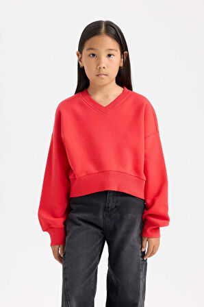 DeFacto Kız Çocuk Cropped Fit V Yaka Basic Düz Sweatshirt D7047A824WNRD348