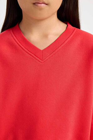 DeFacto Kız Çocuk Cropped Fit V Yaka Basic Düz Sweatshirt D7047A824WNRD348