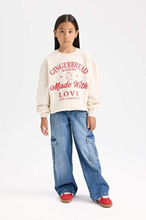 DeFacto Kız Çocuk Relax Fit Bisiklet Yaka Baskılı Sweatshirt D7058A824WNER99