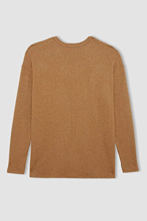 DeFacto Regular Fit Bisiklet Yaka Fitilli Kaşkorse Yırtmaçlı Uzun Kollu Tişört D6049AX24AUBG706