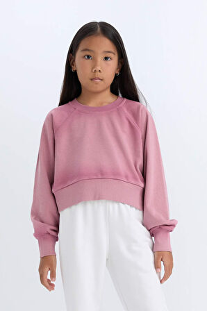 DeFacto Kız Çocuk Relax Fit Bisiklet Yaka Crop Basic Düz Sweatshirt D6994A824WNBR277